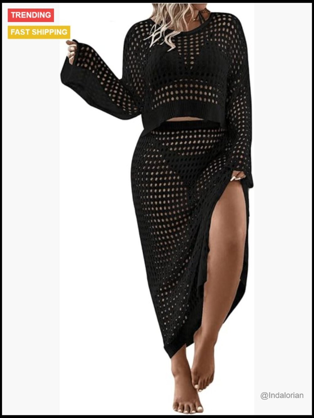 Women's 2 Piece Knitted Crop Sweater and Split Thigh Skirt Set Cover Up Outfit